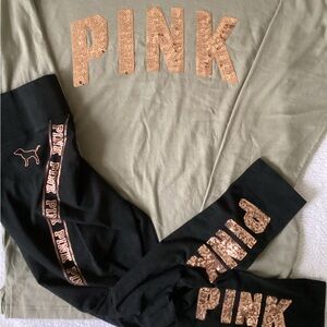 Victoria’s Secret PINK Rose Gold BLING Tunic Shirt Yoga Leggings Medium M NWT